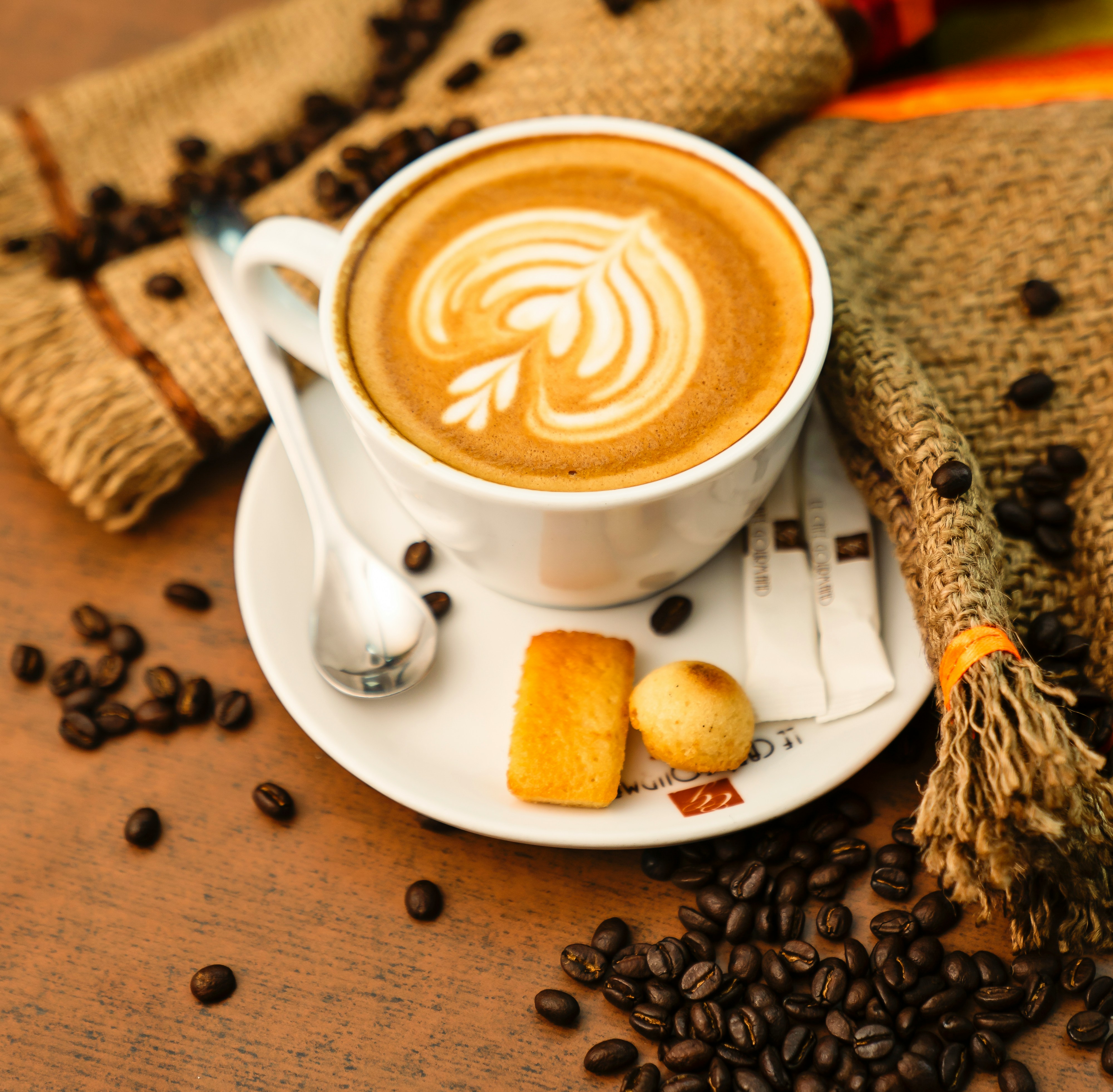 cappuccino surrounded by coffee beans